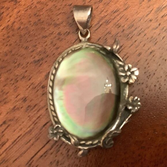 sterling SILVER 925 ABALONE MOTHER OF PEARL OVAL PENDANT - Picture 4 of 7